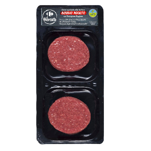 Carne marinata alla tartare bovino adulto con Parmigiano Reggiano DOP Filiera Qualità Carrefour Il Mercato g 105 per 2 pezzi skin
