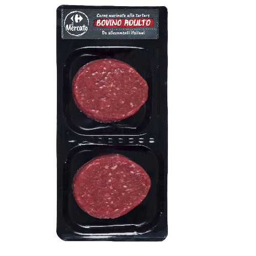 Carne marinata alla tartare bovino adulto Carrefour Il Mercato g 105 per 2 pezzi sottovuoto skin