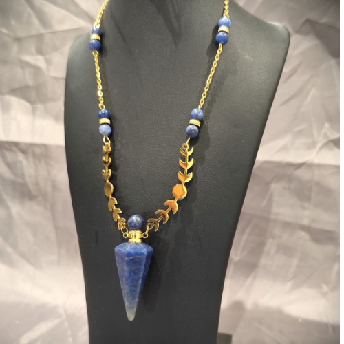 Sautoir collier à parfum en acier inoxydable et sodalite