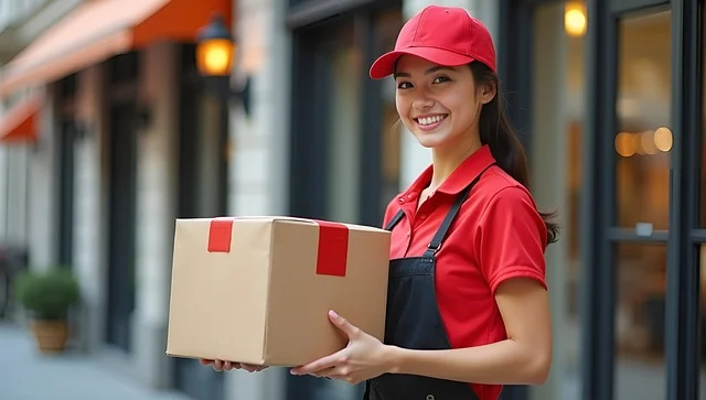 Une femme livreuse avec un carton dans les mains