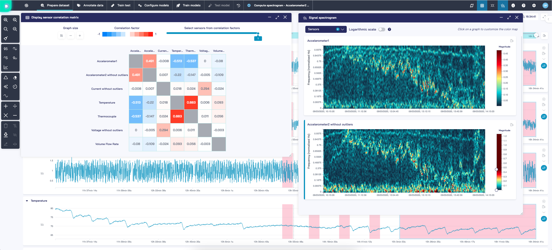 vue d'un rendu d'une analyse de diagfit, avec matrice et spectrogramme.
