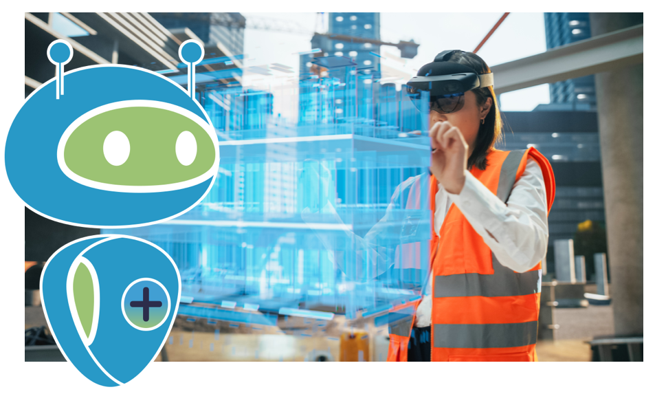 Illustration d’un bâtiment connecté avec son jumeau numérique : maquette BIM enrichie de données en temps réel, représentée aux côtés d’infrastructures comme un pont ou une gare pour montrer l’analyse continue et la maintenance prédictive.