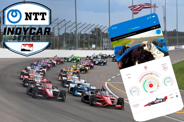 Les pilotes NTT INDYCAR SERIES se sont alignés en formation pour prendre le drapeau vert pour le Bommarito Automotive Group 500 en août 2022. A droite, vue de l'appli.