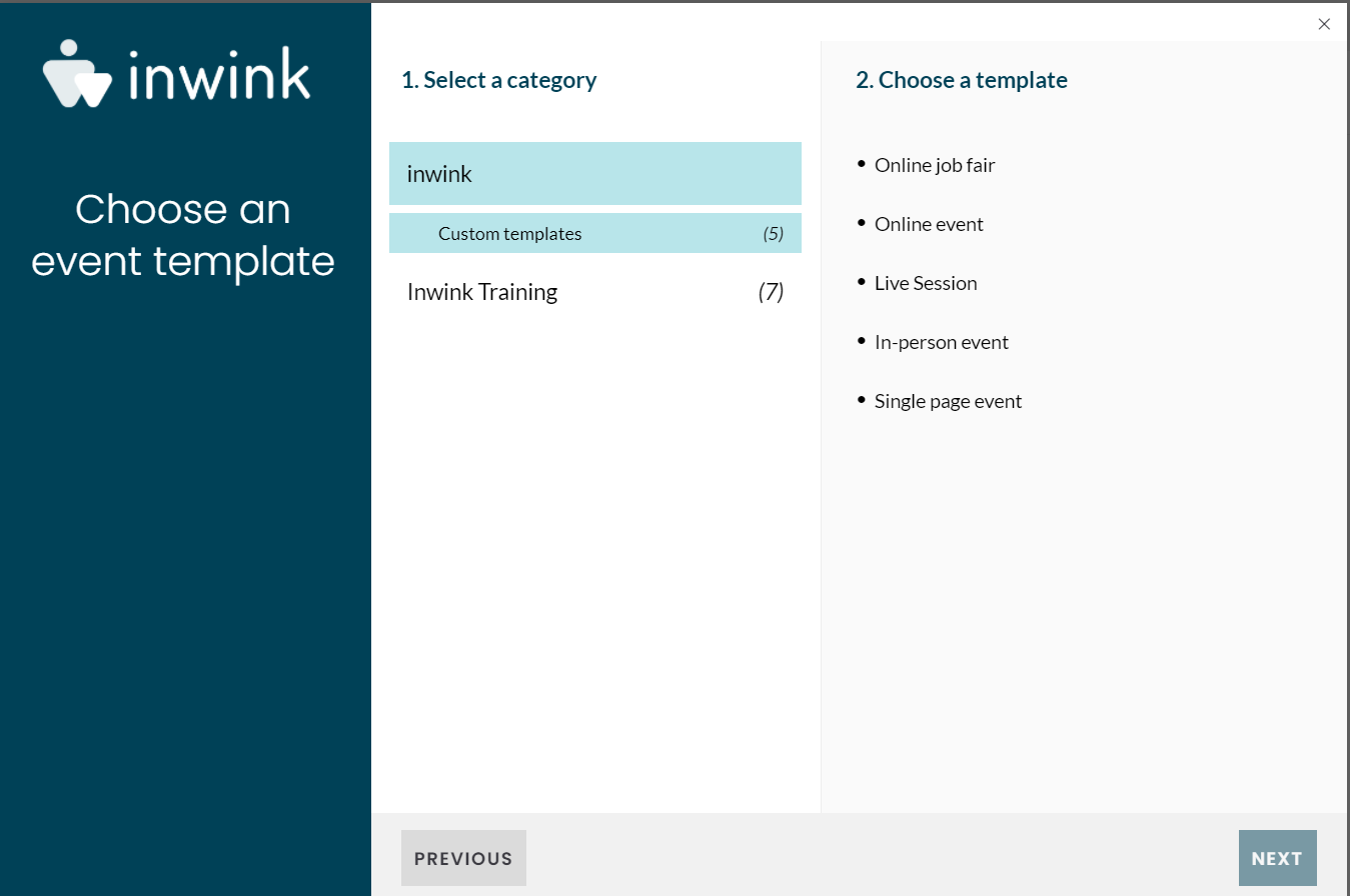 The 5 event templates proposed by default by inwink