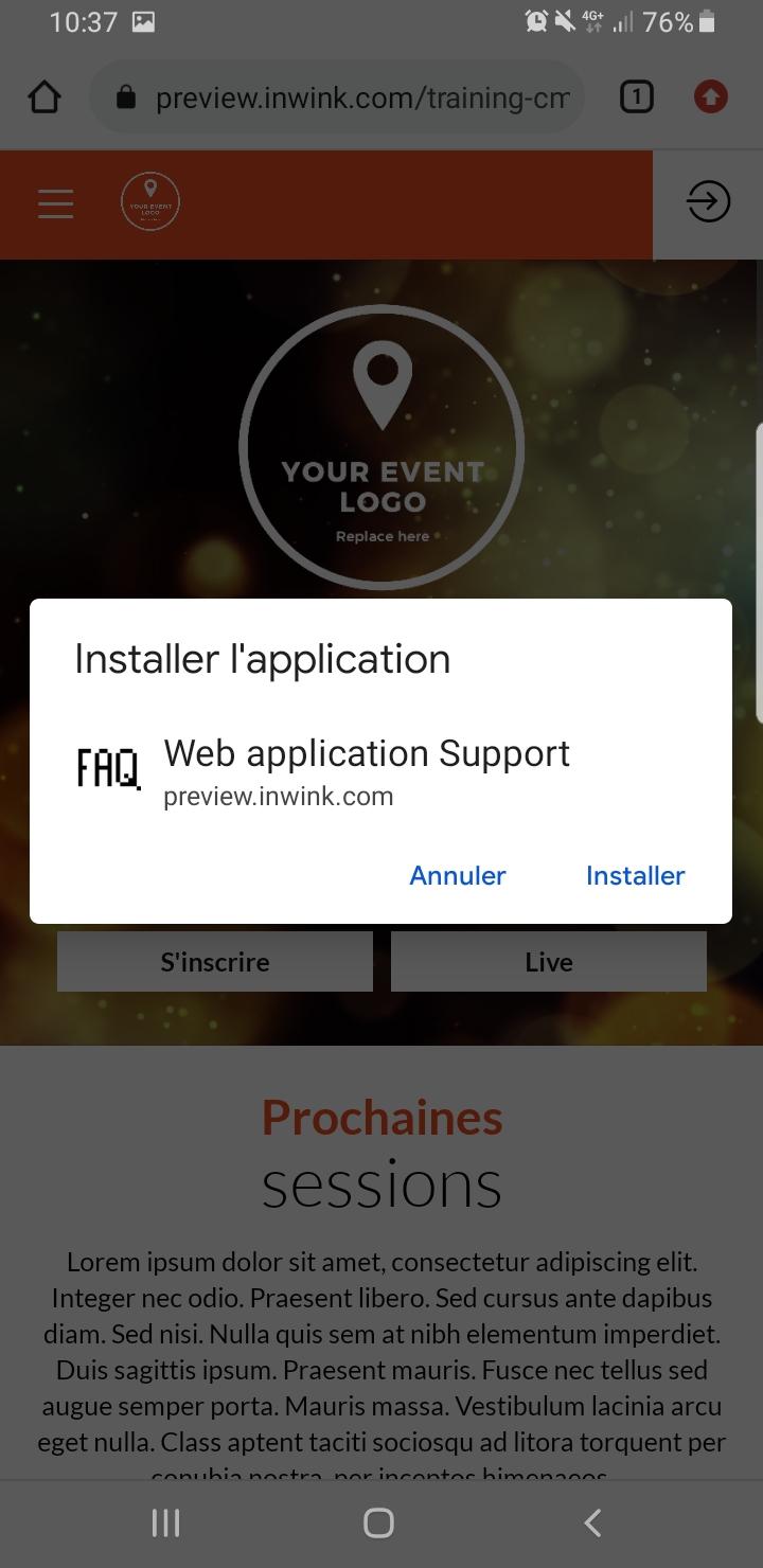 Pop up d'installation de l'application