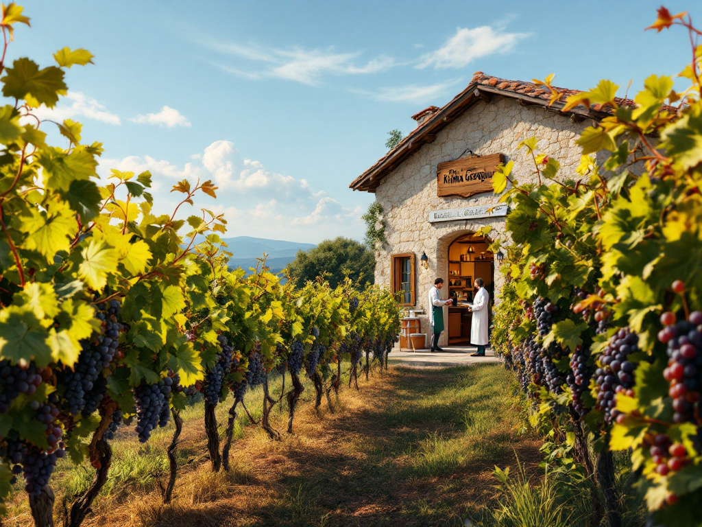 Vignes de Savvatiano à différents stades de maturité dans un vignoble grec. La cave à l'arrière-plan présente un laboratoire qui met en évidence les analyses scientifiques nécessaires à l'étude des composés volatils et des propriétés moussantes du vin mousseux.