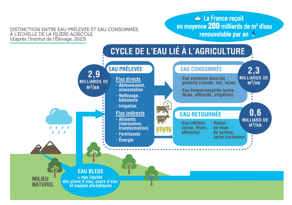 Le cycle de l'eau lié à l'agriculture, source Idele 2023.