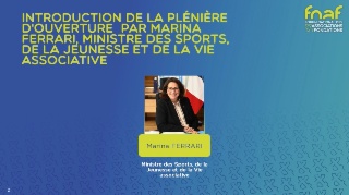 Introduction de la plénière d'ouverture  par Marina Ferrari, Ministre des Sports, de la Jeunesse et de la Vie associative